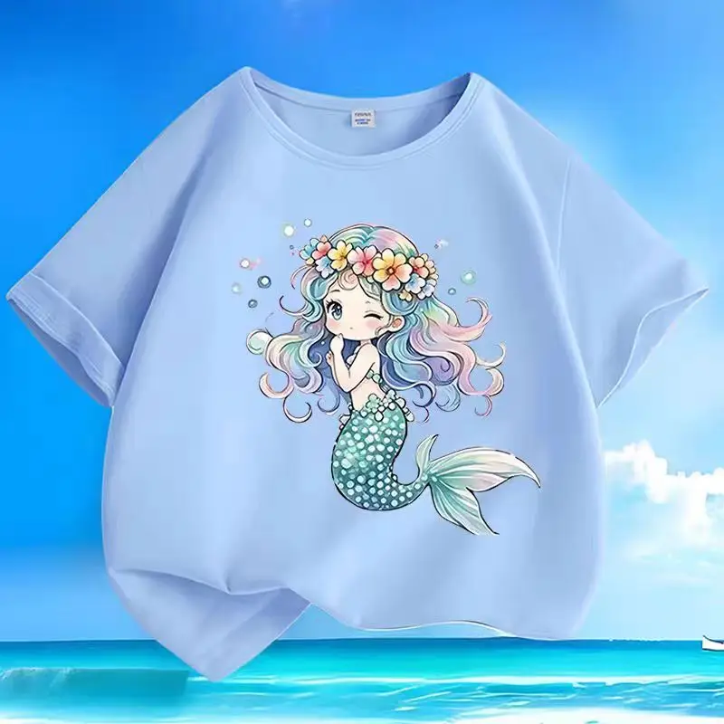 2026 Sommer Mädchen Cartoon Meerjungfrau Druck Kurzarm-T-Shirt - Reine Baumwolle Bequem und Atmungsaktiv Mädchen Halbarm-T-Shirt – Detail 5
