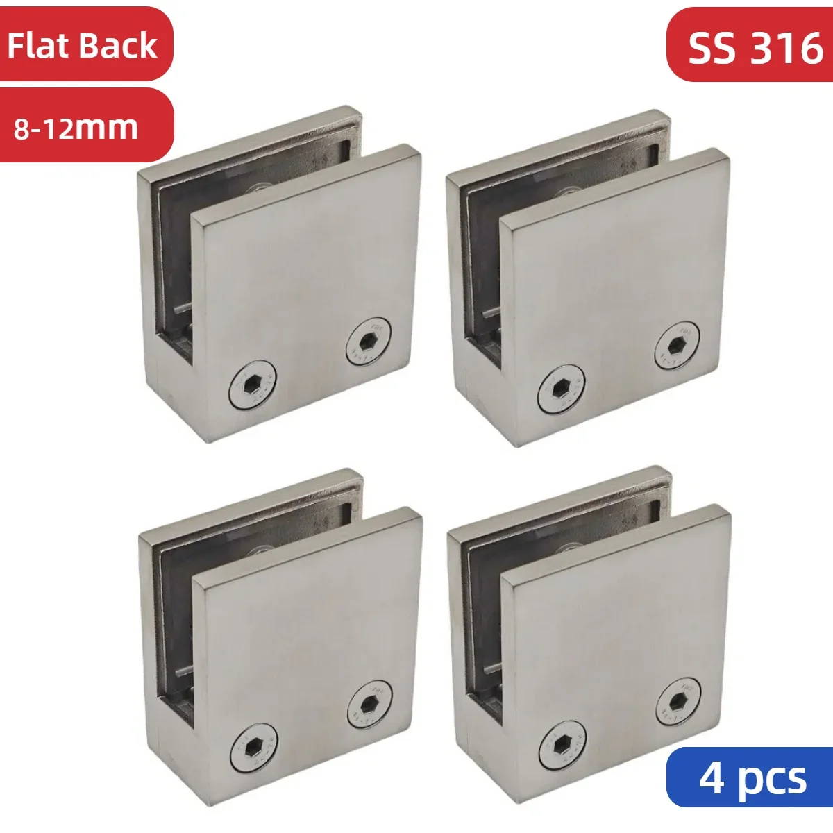 4 PCS 8-12mm Square Glass Clamps with Flat Back Stainless Steel 316 Satin Polish