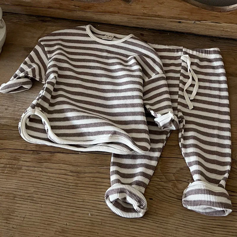 2026 Spring New Children Casual Clothes Set Cotton Waffle Sweatshirt + Pants 2pcs Boys Set Baby Girl Outfits Kids Striped Suit