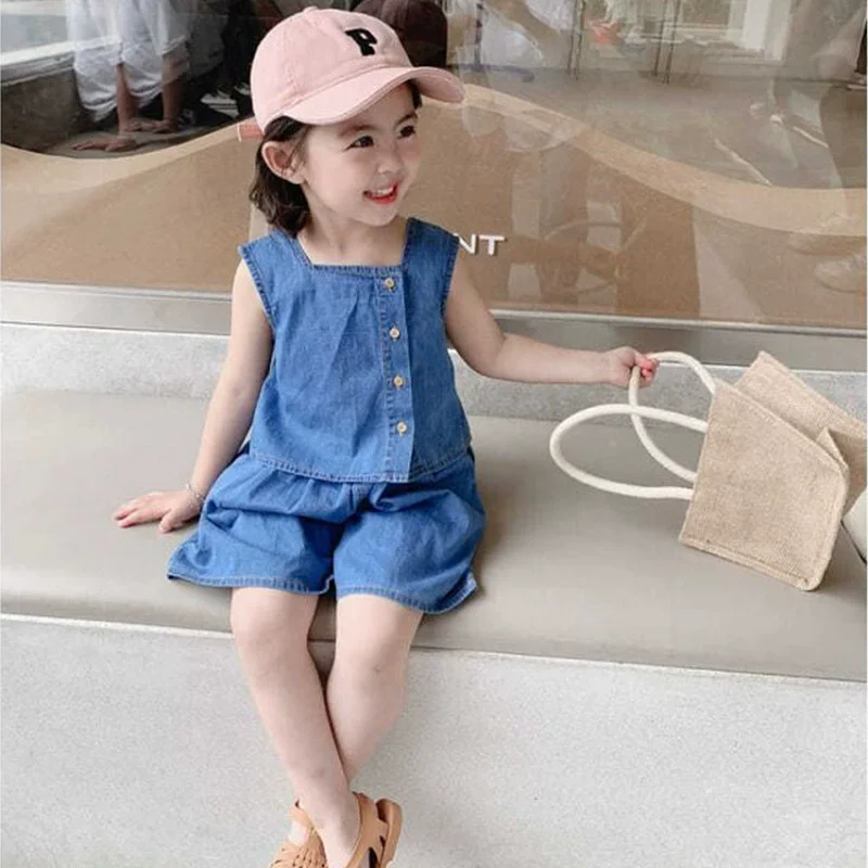 2026 Summer Baby Girls Cotton Plain Crop Single-Breasted Denim Shirt Tops+Shorts Pant Sets Children Outfit Kids 2PCS Tracksuit