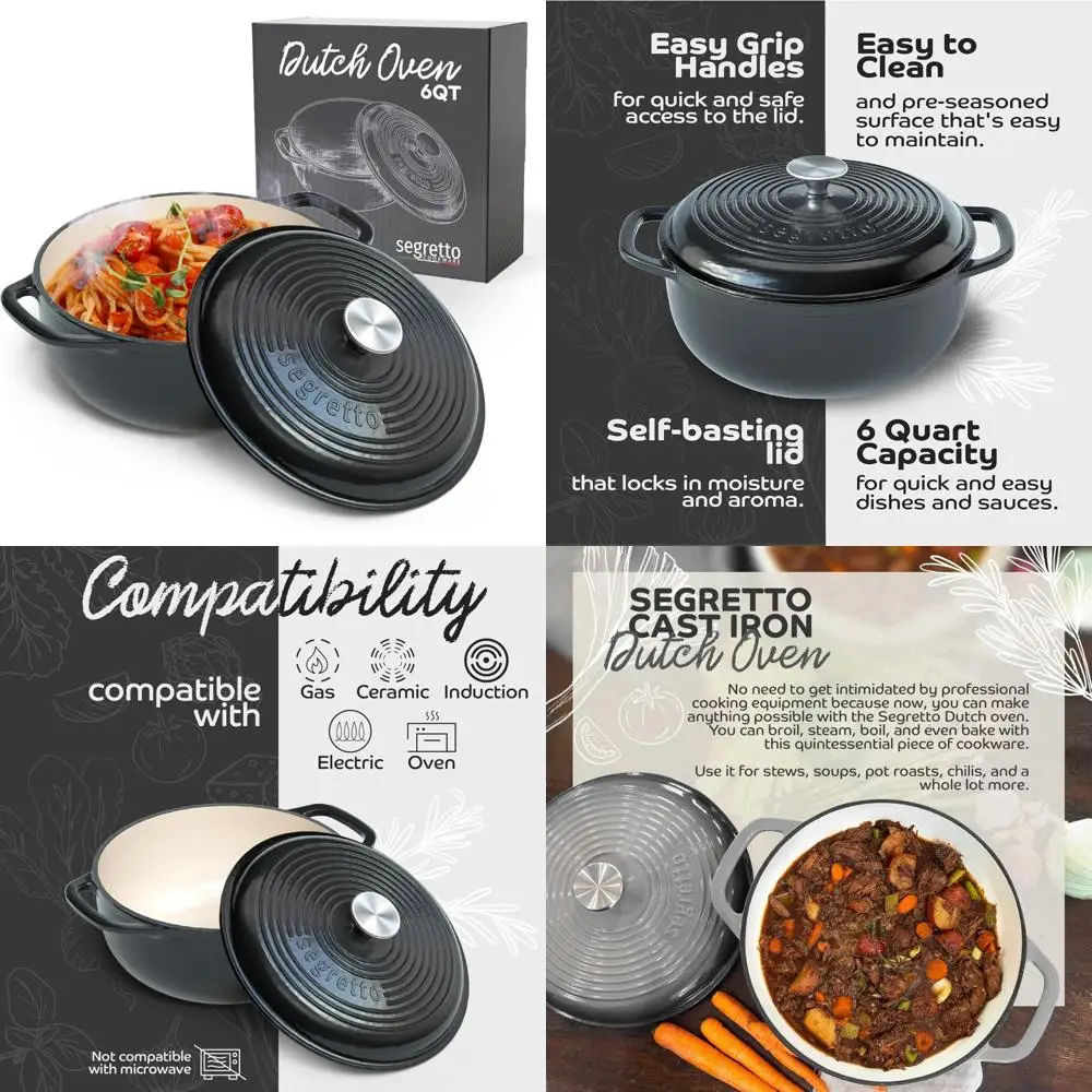 

Enameled Cast Iron 6 Quart Dutch Oven, Large Cooking Pot, Black Color, Heavy Duty Cookware for American Kitchens