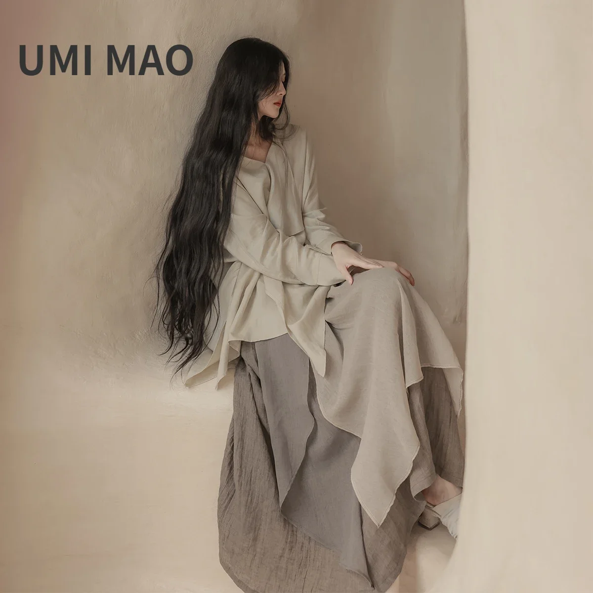 UMI MAO Chinese Clothing Fashion Spring Autumn Romantic Wave Yuppy Irregular Patchwork Plain Skirt Woman Femme Y2k