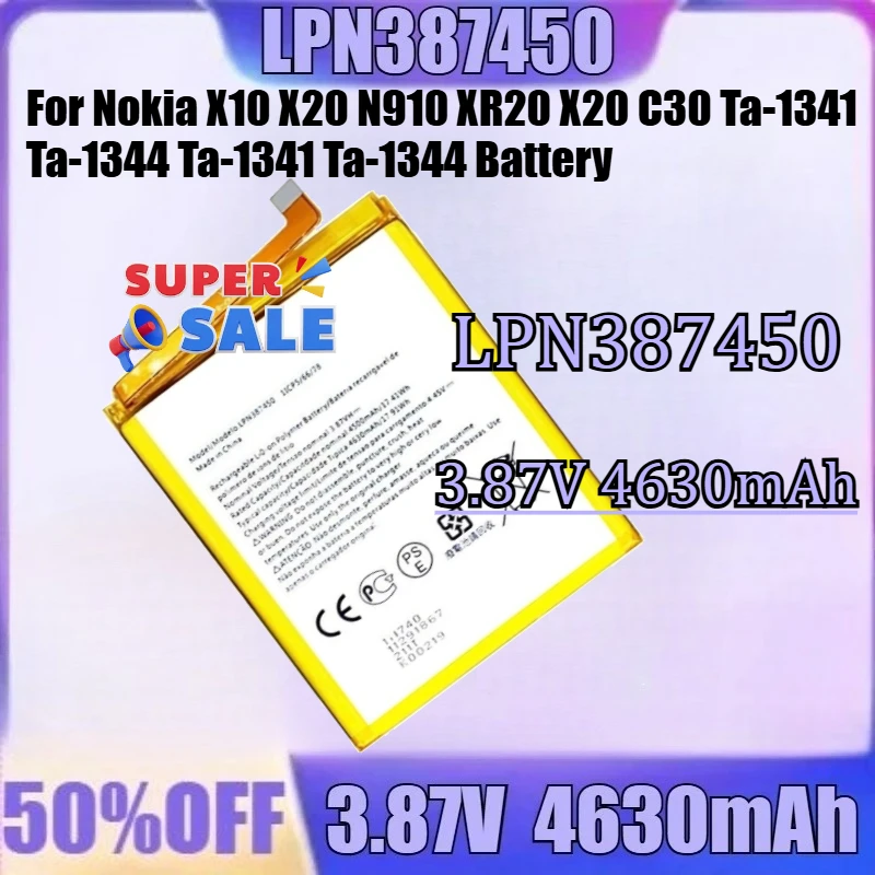 

For Nokia X10 X20 N910 XR20 X20 C30 Ta-1341 Ta-1344 Ta-1341 Ta-1344 Battery New for LPN387450 CN110 Phone Battery SE681