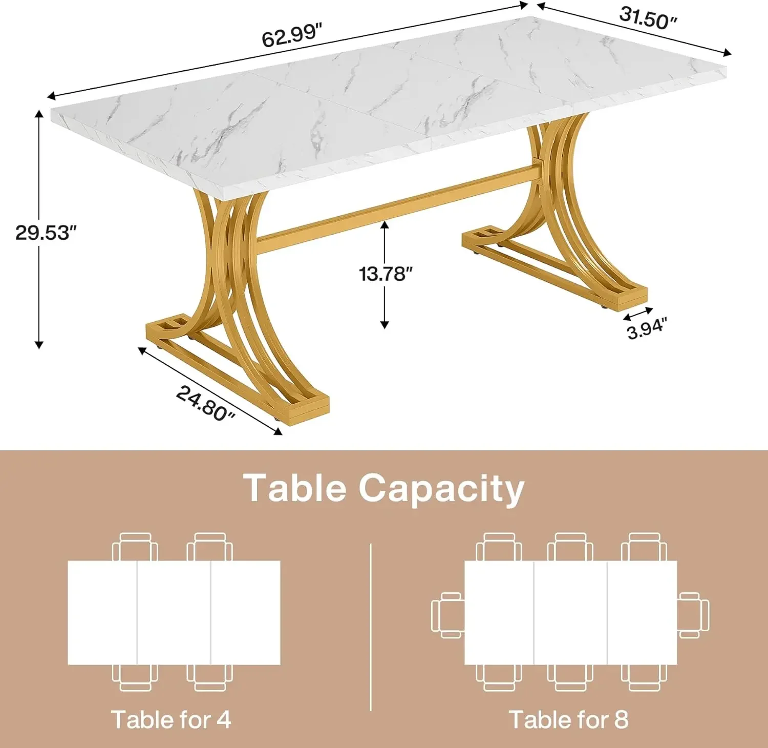 63-Inch Rectangular Dining Table for 4 to 6, Kitchen Tables for Dining Room, Modern Dinner Table with Faux Marble Table Top and