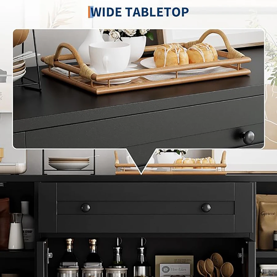 خزانة بوفيه جانبية حديثة مع مساحة تخزين، 55 بوصة خزانة بار القهوة الخشبية مع درج، أرفف وأرفف للأبواب، للمطبخ #5