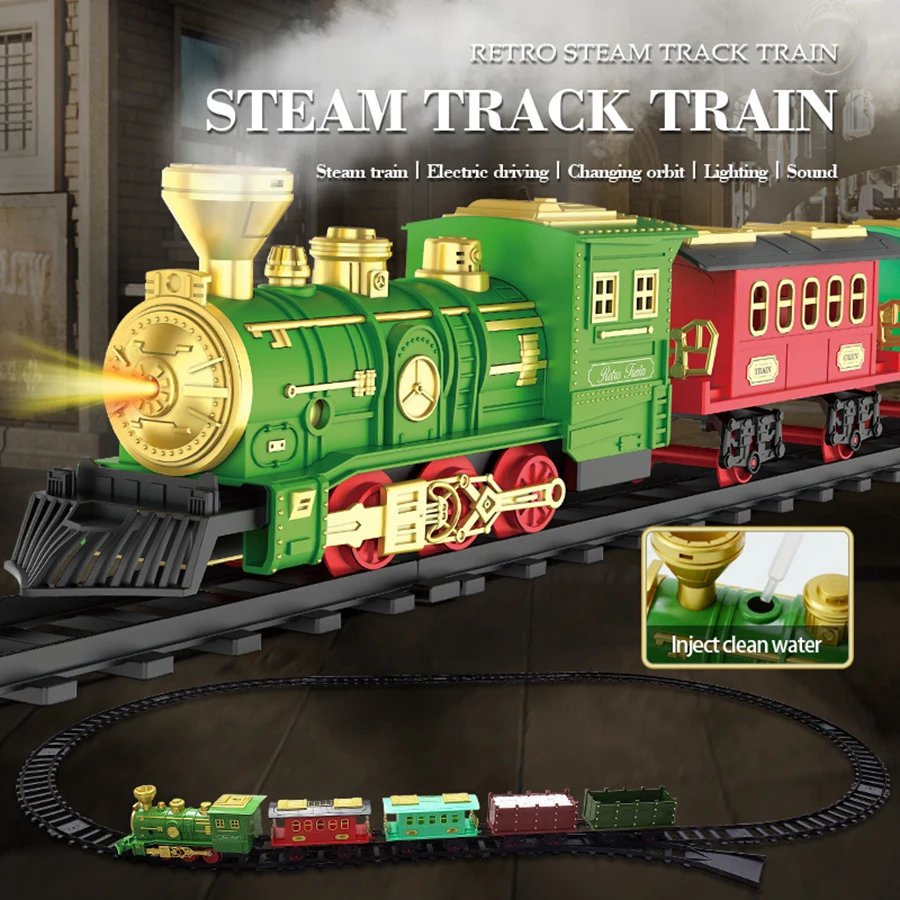 Electric Steam Track para crianças, montagem clássica, trem fumante, luz e som, brinquedo simulação