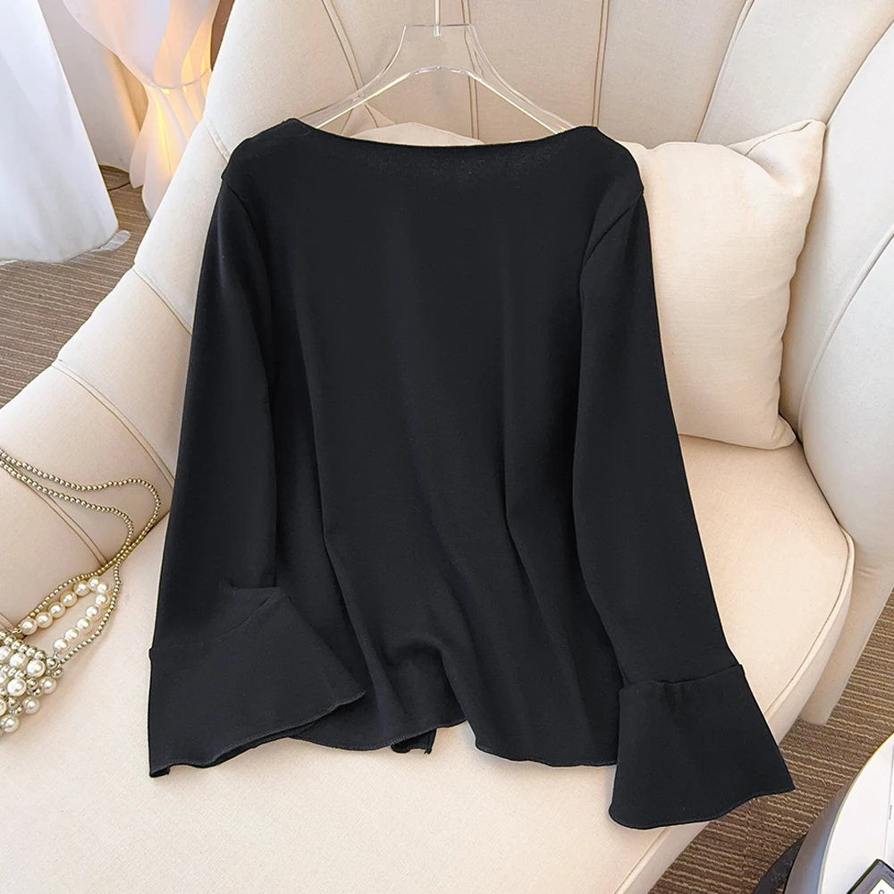 Spring and autumn plus size women's black casual loose long sleeve t-shirt v-neck fashion positive shoulder women's top 2024 new