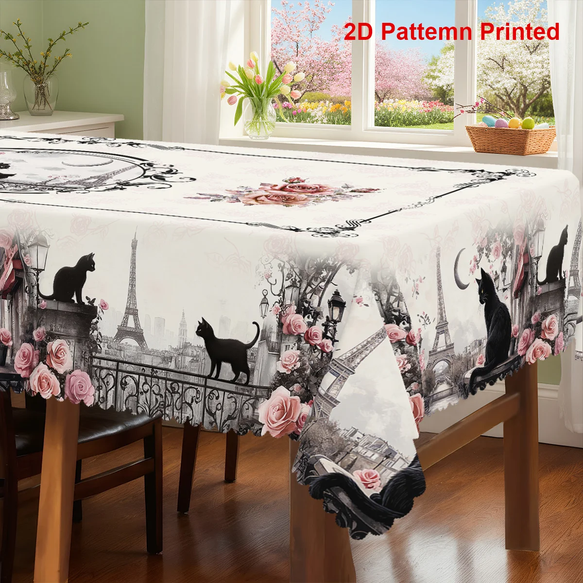 1 piece, cat-themed party tablecloth, summer and spring moon tower rose flower print