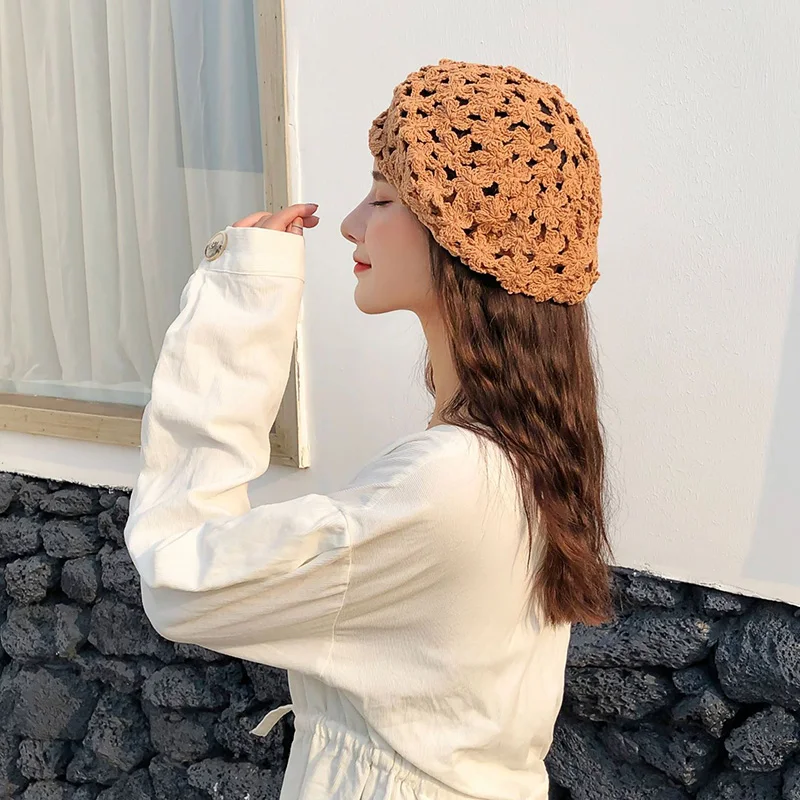 Hollow Breathable Knitting Beret caps for Women Spring Summer Handmade Hook Flower Design Artist Hat Fashion Mushroom Hat