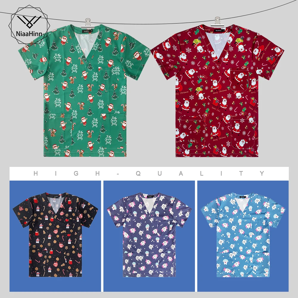 Krankens ch wester Uniform Druck Weihnachts kleidung Großhandels preis Krankenhaus zubehör OP-Kleid Kinderarzt Krankens ch wester Peeling Tops Unisex