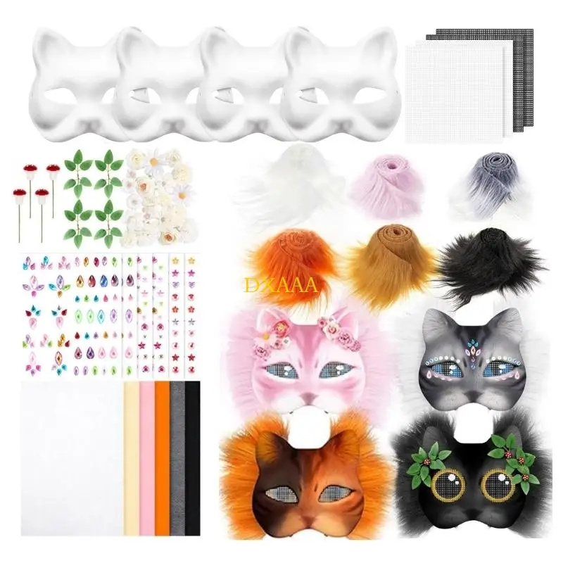 DXAA 4Pcs Cats Face Mask Unpainted Masquerades Mask Set with Eye Mesh Furry Trim