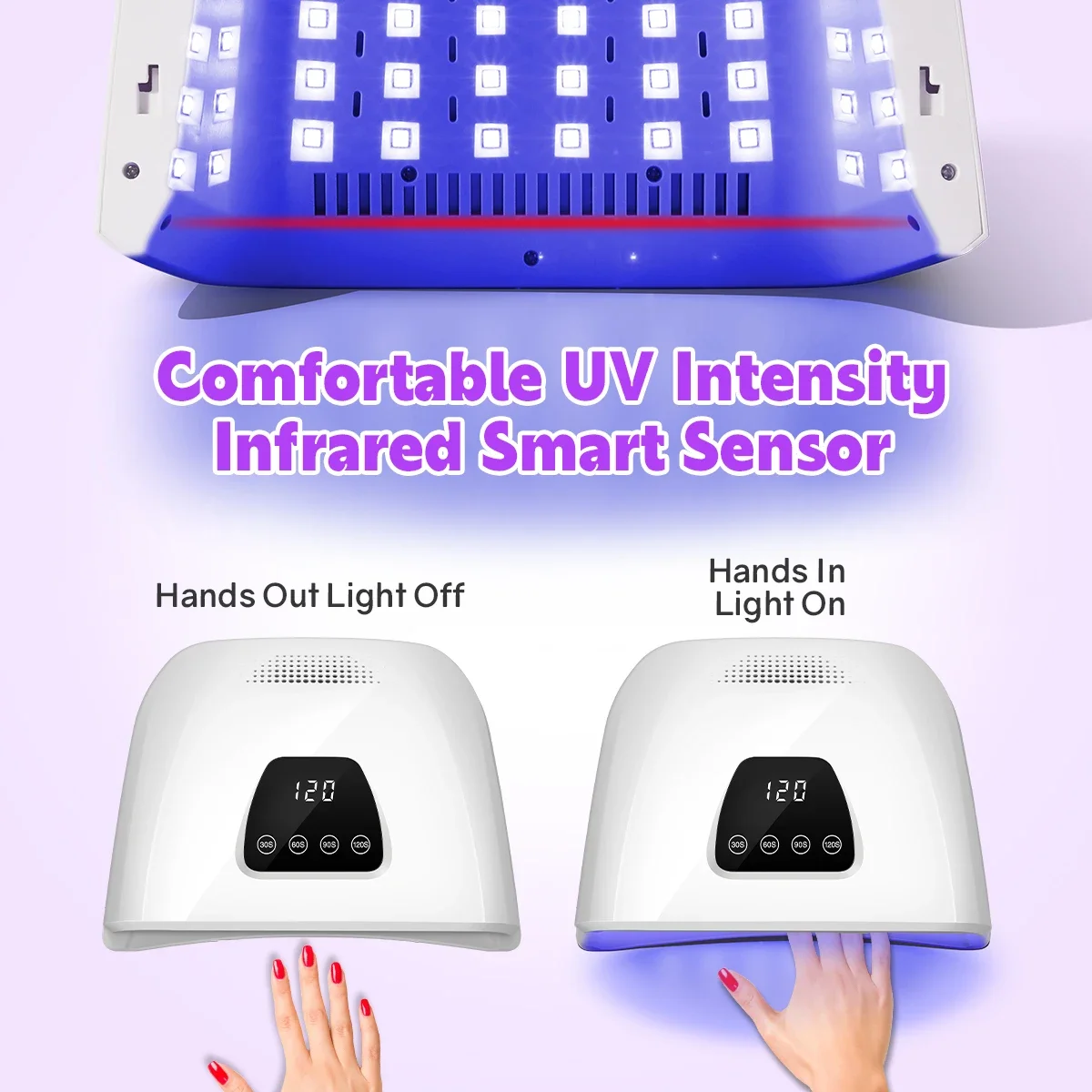 โคมไฟเล็บ LED UV แรงสูงเครื่องเป่าเล็บ72 LED พร้อมแผงระบายความร้อนเครื่องเป่าเล็บพร้อมเซนเซอร์อัจฉริยะสำหรับทำเล็บ