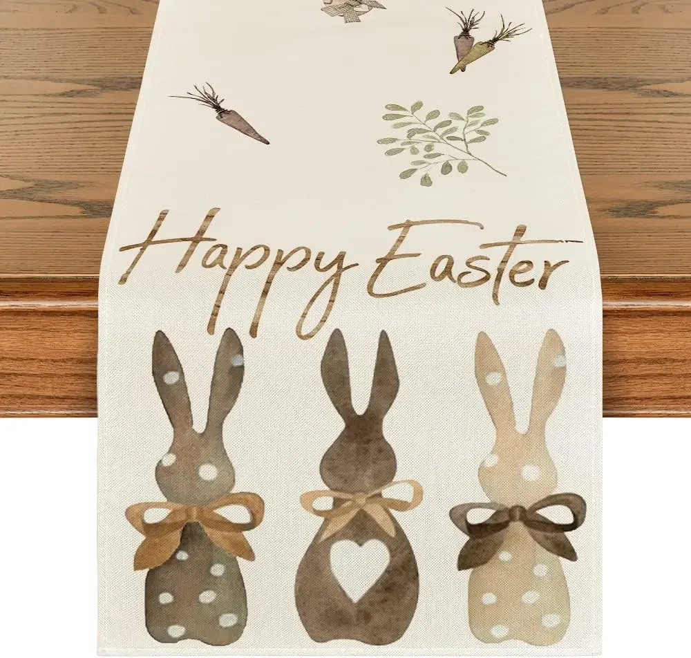 Happy Easter Rabbit Bunny Linen Table Runner Dresser Scarf Spring Seasonal Holiday Party Deocr Easter Kitchen Dining Table Decor