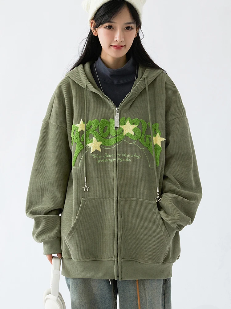 Zoki Y2K Retro Corduroy Jacket Women Letter Long Sleeve Harajuku Streetwear Coats Vintage Pockets American Bf Hooded Tops Fall