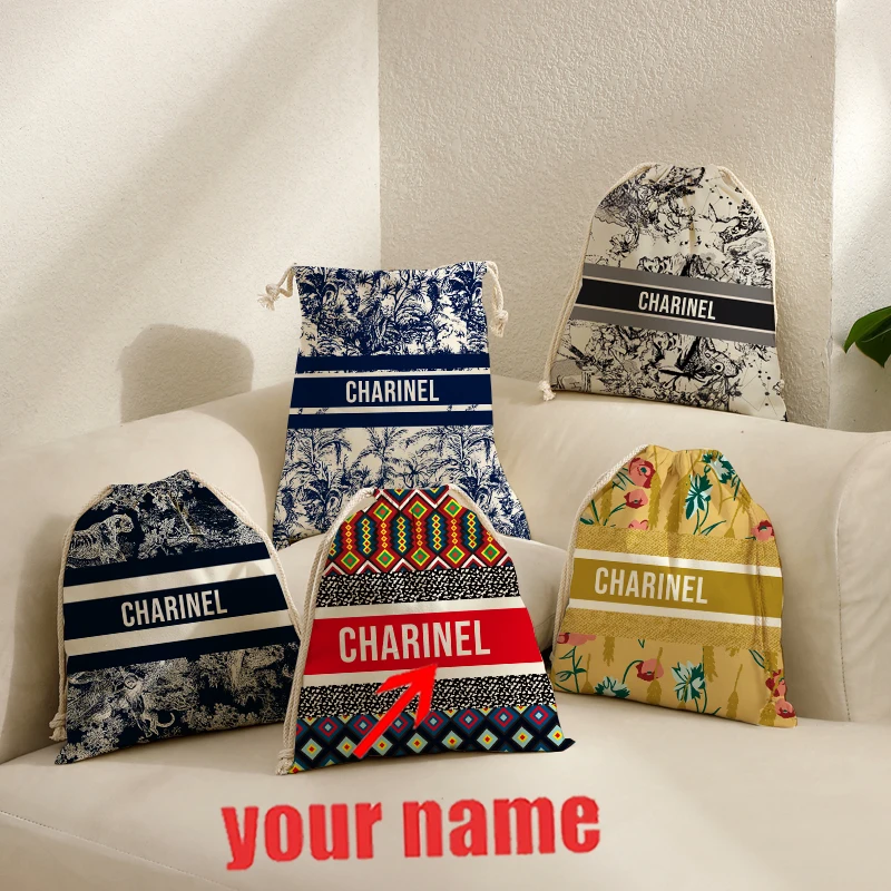 Personalized Custom Name Text  Pattern Women Shopping Bag Foldable Reusable Gift Eco Friendly Cotton Fabric Cork Drawstring Bag
