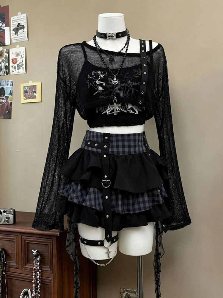 Black Plaid Splice Crop Top And Skirt Set Y2K Style Trendy Girl Autumn New Arrival Fashionable Workwear Date Casual Wear