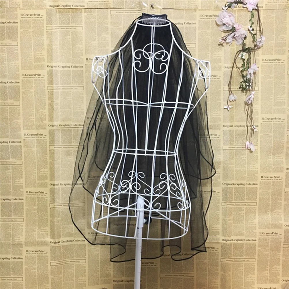 1 قطعة ريترو أسود طويل الشريط العروس طرحة زفاف حافة العروس خوذة للنساء الزفاف إكسسوارات الشعر الحجاب الأسود الزفاف #5