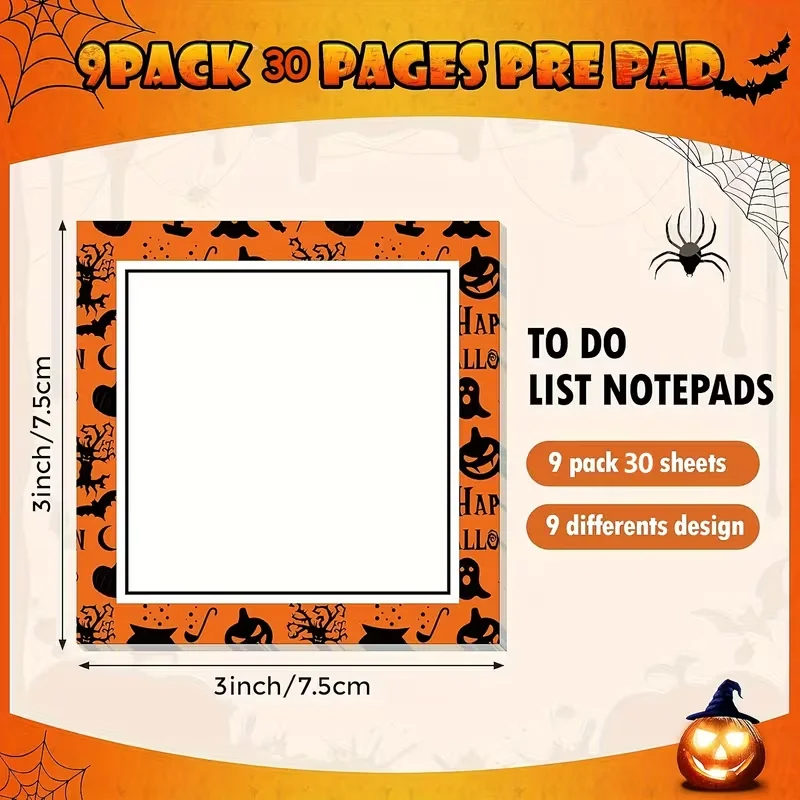 9 Pcs/ 270 Sheets Halloween Sticky Notes Self-Adhesive Notepad Spider Pumpkin Bat Gifts For Schools Office Home Student Teacher
