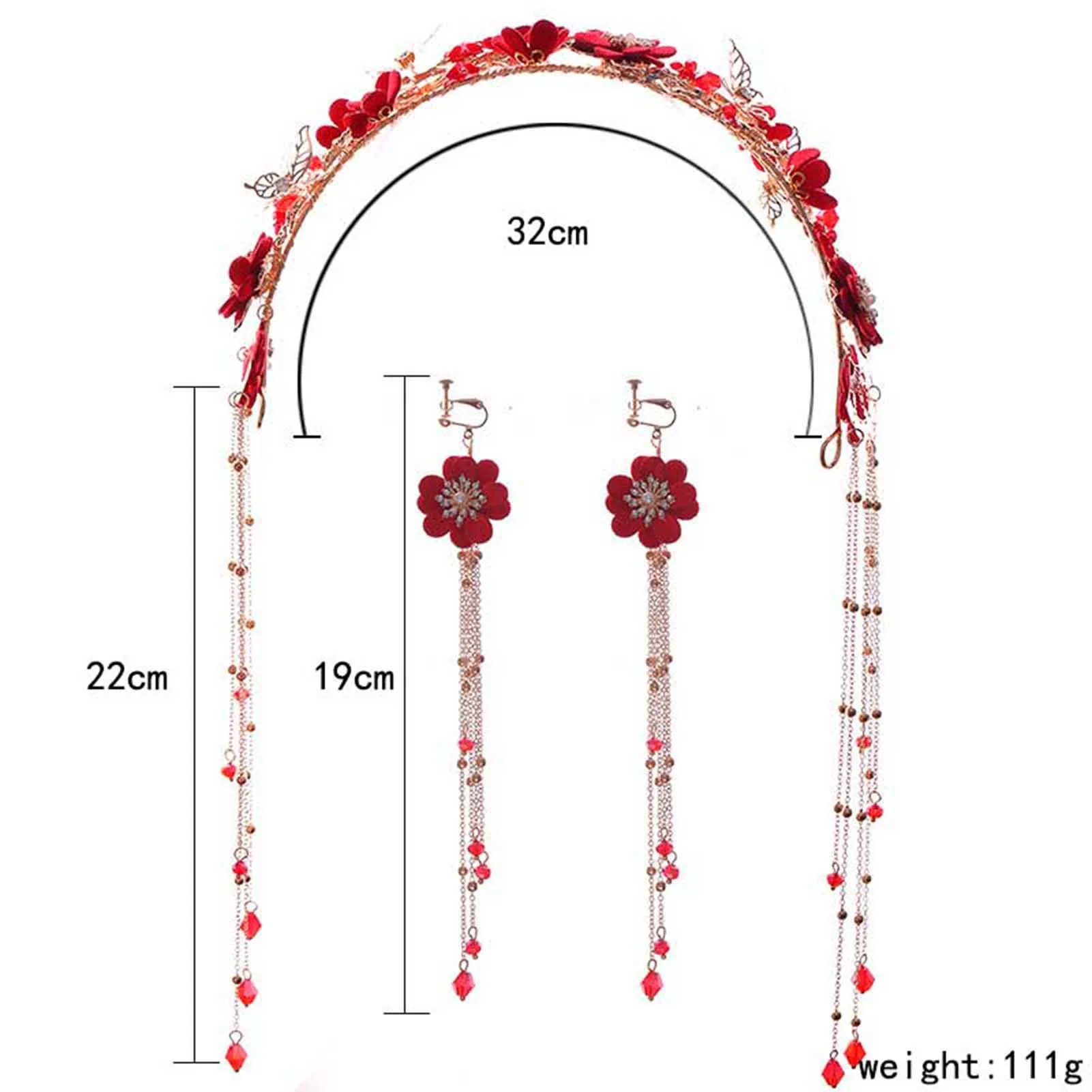 Chinese Red Flower Long Tassel Headband Earrings Set Handmade Traditional Gold Color Headwear Bridal Headdress Hair Accessories