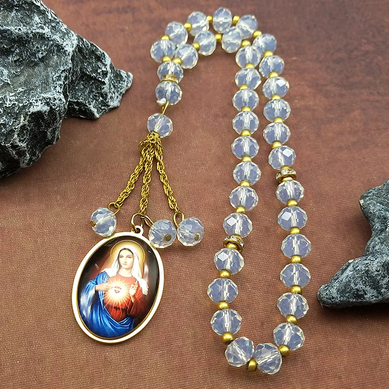 Sacred Heart Virgin Mary Glass Oval Medal Car Pendant for Women Men Stainless Steel Gold Color Catholic Amulet Jewelry Gift