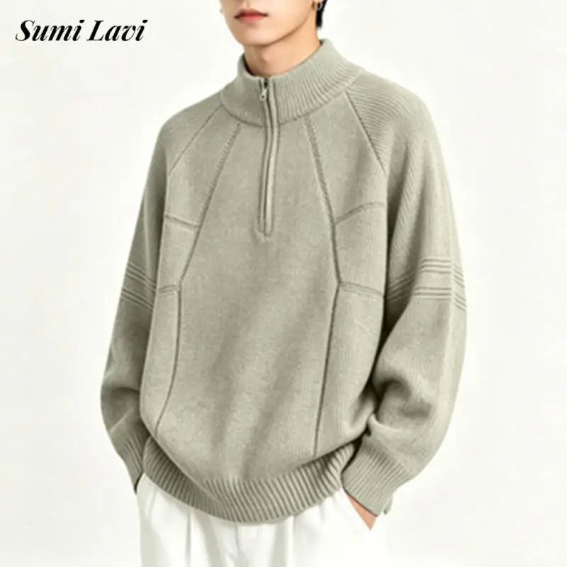 Autumn Winter Zipper Knitting Sweatshirt Mens Daily Casual Zipper Long Sleeve Shirts Men Vintage Solid Color Knit Tops