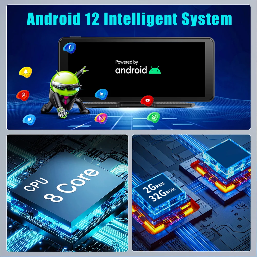 Imagebon 6.86'' E2 Android 12 Dashcam  Wireless Carplay Android Auto Car DVR Rearview Mirror Camera Wifi Google Play Youtube
