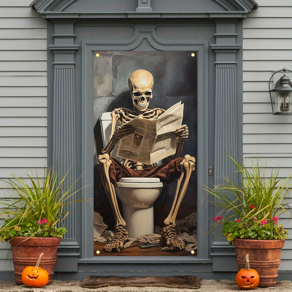 Image of 2D-Türbanner, 1 Halloween-Türbanner mit Totenkopf-Motiv, Polyesterfaser, Horror-Veranda-Dekoration