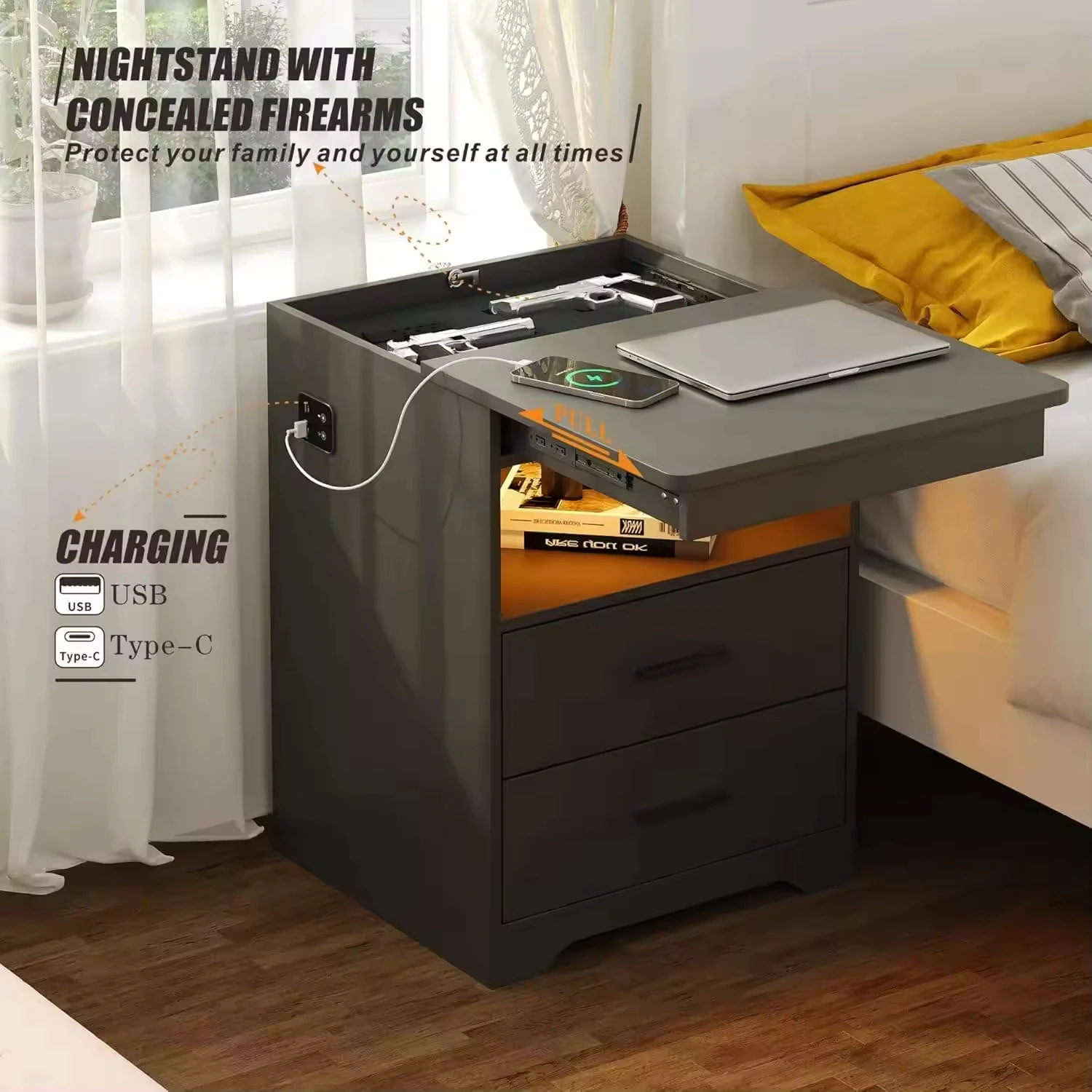 #Customizable Smart Bedside Table 2 Drawers Hidden Storage Compartment Wireless Charging Sensor Design LED Apartment Hotel