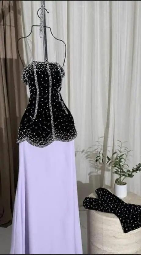 Sukienki wieczorowe bez ramiączek z baskinką w kolorze fioletowo-czarnym dla kobiet, zdobione koralikami, eleganckie vestidos de fiesta.