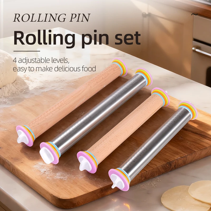 Rodillo ajustable de acero inoxidable/madera, rodillo para Fondant, rodillo para pastel, rodillo para masa con anillos de espesor, herramienta para hornear