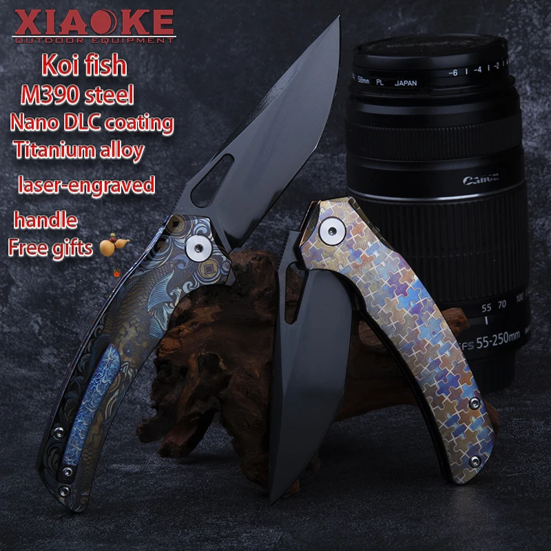 Premium M390 Titanium Folding Knife DLC Coated Blade Laser Engraved Koi Pattern Handle, Outdoor EDC Camping Collectible Gift.