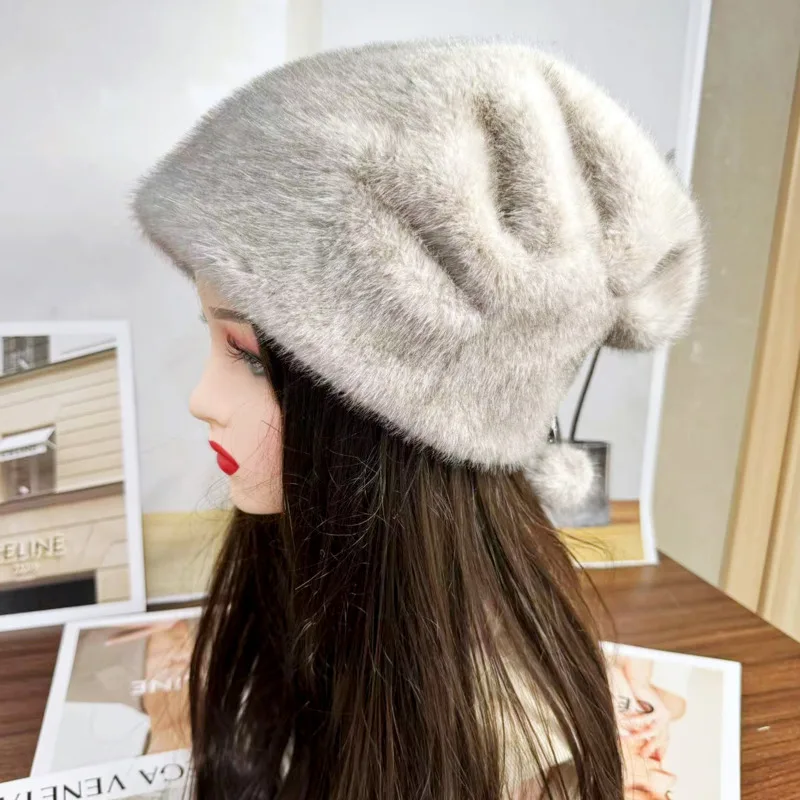 Gorro de piel sintética de visón para mujer, gorro de piel grueso y cálido con protección para los oídos, gorro de bombardero ruso, gorro de cubo de piel sintética esponjoso para invierno