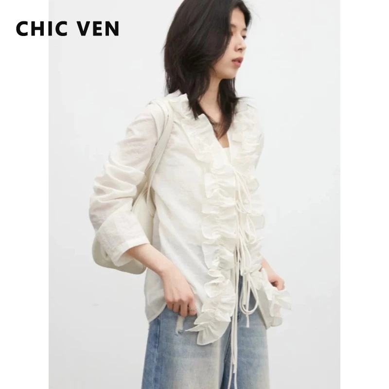 

Женская рубашка CHIC VEN в корейском стиле, белая, свободного кроя, с длинным рукавом, в стиле ретро, на шнуровке, с рюшами, V-образным вырезом, весна-лето 2026