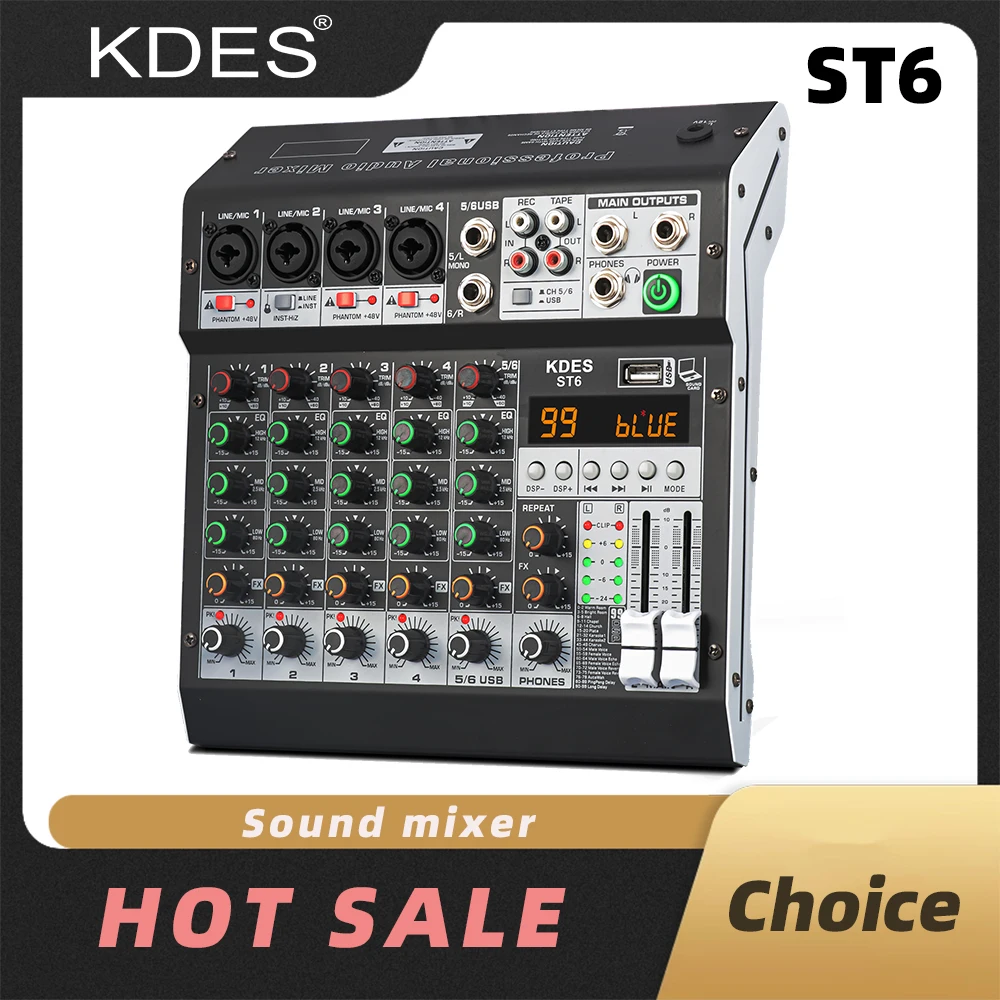 Mezclador de Audio KDES ST6, 6 canales, 99 DSP, grabación de efectos, PC, 48V, alimentación fantasma, mezcladores de sonido USB, Bluetooth, consola de DJ, mezcla para Karaok