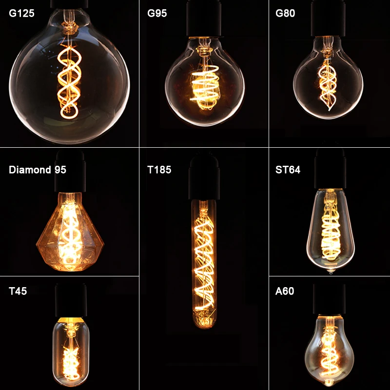 E14 E27 Retro LED Spiral Filament Light Bulb 4W Warm Yellow 220V C35 A60 T45 ST64 T185 T225 G80 G95 G125 Vintage Edison Lamp