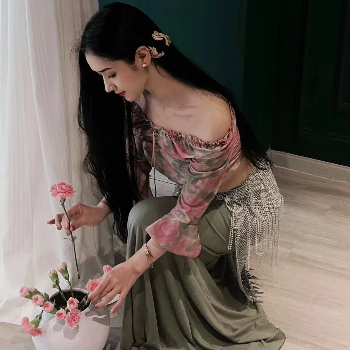 Novo traje de performance de dança do ventre feminino sênior impresso topo + sexy fishtail saia longa 2 pçs conjunto de treinamento de dança oriental