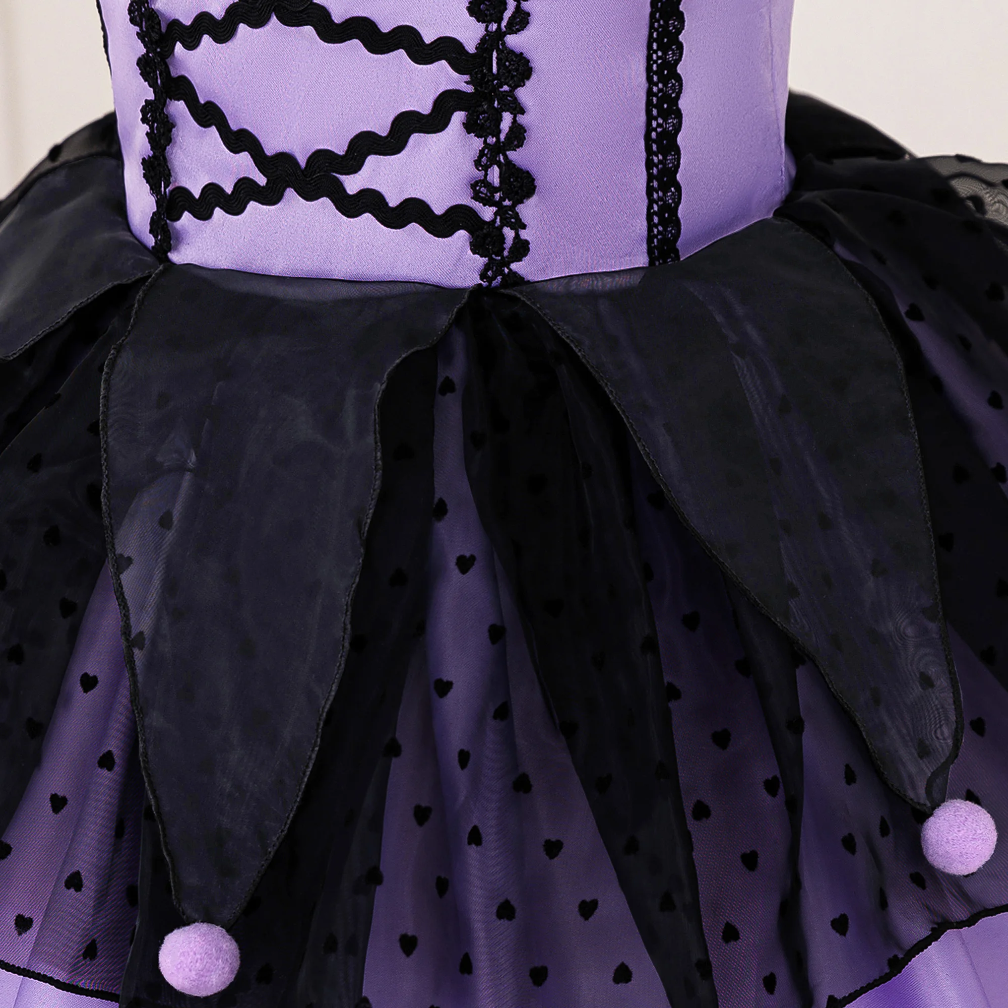 Schwarzes und lila süßes, cooles Lolita-Prinzessinnenkleid für Mädchen, flauschiges, gestuftes Partykleid – Detail 7