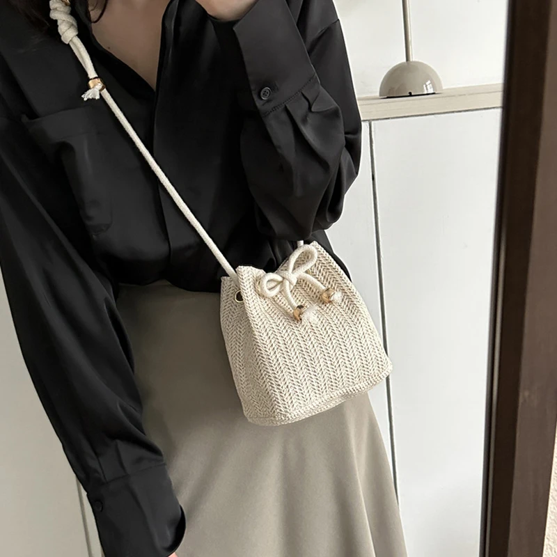 Drawstring Shoulder Bags Casual Summer Beach Woven Straw Small Handbag Large Capacity Crossbody Bags