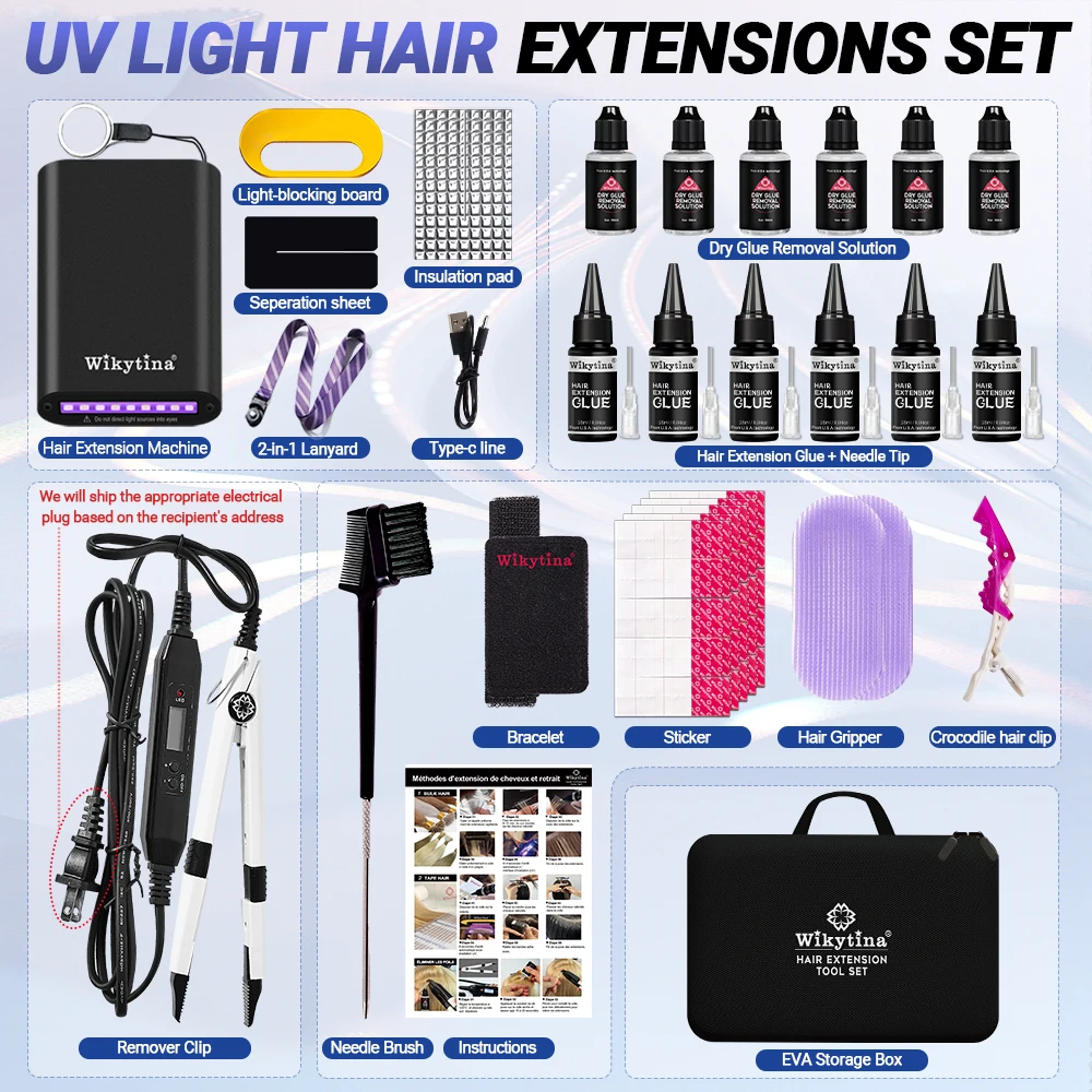 Ultimate UV Light Hair Extension Full Set with UV Glue - Fast Grafting Hair Extension Machine, Rechargeable UV LED Lamp, Lightweight Tools for Thin Fine Hair, Waterproof Clear Glue, Easy Dissolve Removal, DIY Salon, Natural Results for Beginners Stylists