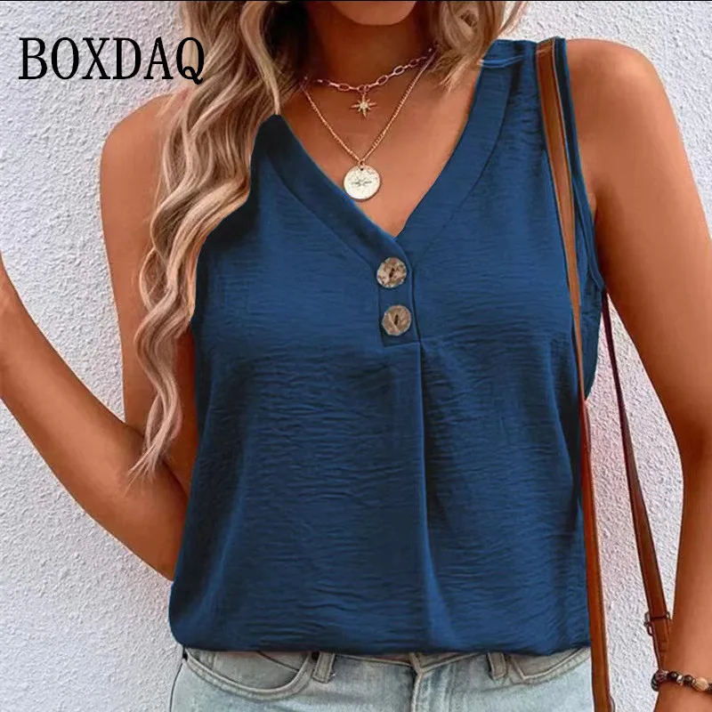 V-Neck Solid Buttons T Shirts Sleeveless Summer Tops Casual Women Loose Vest Shirts Ladies Tank Black White Top Streetwear