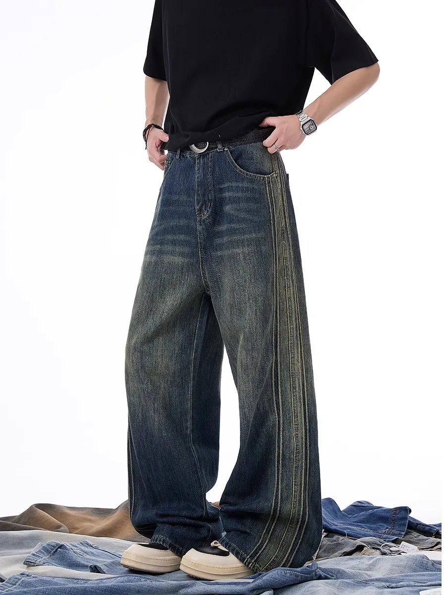 Американские джинсы в стиле ретро, мужские летние тонкие модные широкие брюки, молодежные модные джинсы свободного покроя прямого кроя
