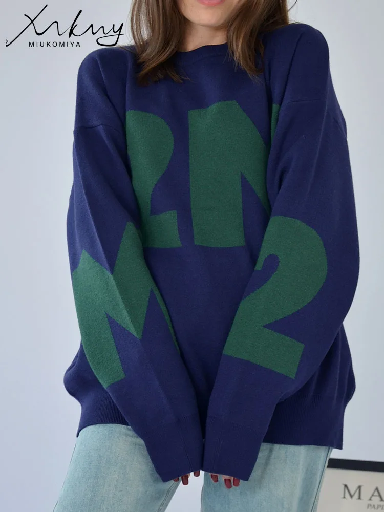 Navy Blue Oversize Letter Sweater Women Crewneck Casual Knitted Loose Pullovers With Letter Green Sweater For Women Winter 2024