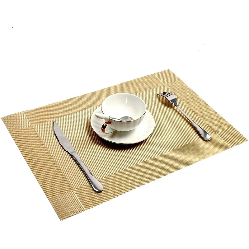 6/4pcs Gold Placemat Washable PVC Dining Table Set Weave Mats Diagonal Frame Teslin Cloth Disc Bowl Coaster Non-slip Pad