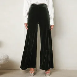 Women's autumn and winter gold velvet wide-leg pants with ruffles, high waist, straight, loose and slim elegant trousers