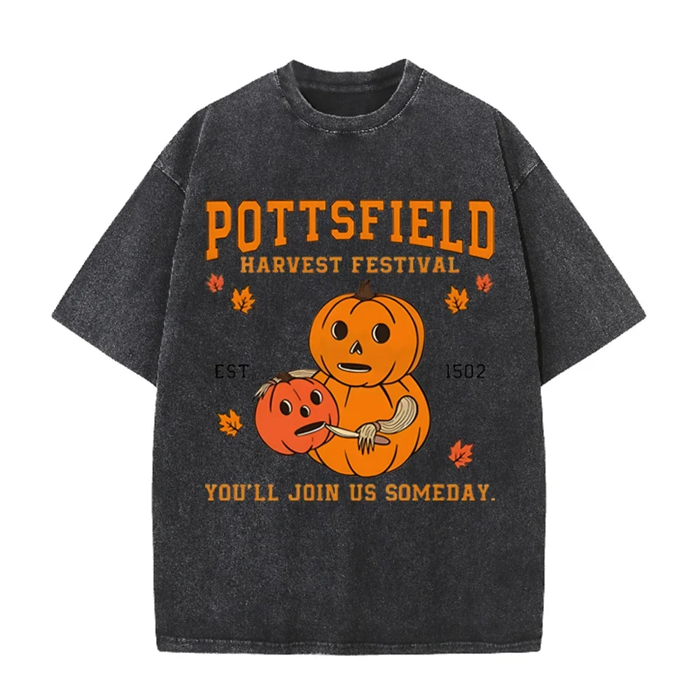 2026 Vintage Washed Black Halloween Pumpkin Cartoon Graphic T Shirt Retro Fall Maple Leaf Print Oversized Unisex Casual Short Sl