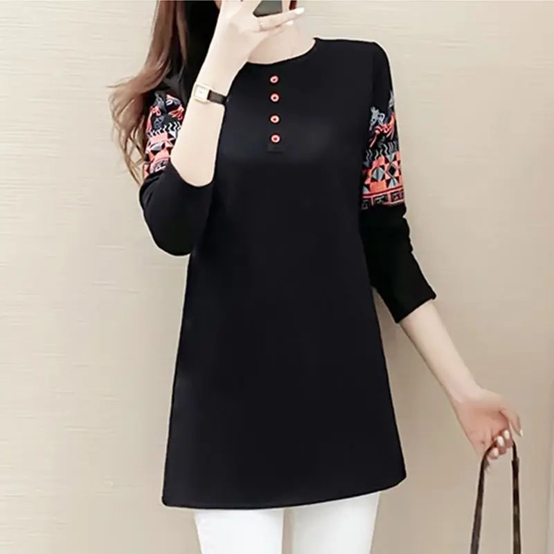 

Новинка, свободная футболка с длинным рукавом для женщин, размеры средней и длинной, женская одежда, топы с круглым вырезом и принтом