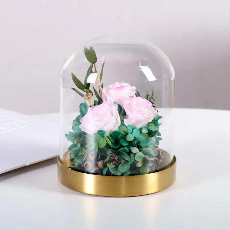 

2sets/pack 12*12cm Glass Dome Vase Home Decoration Luminous Metal Base Transparent Cover DIY Friend Gift Wedding Live Prop