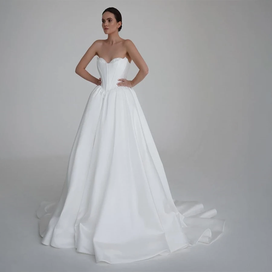 

A Line Sweetheart With Peals Wedding Dresses Satin Bridal Gowns Back Zipper Customized Evening Dress For Wedding