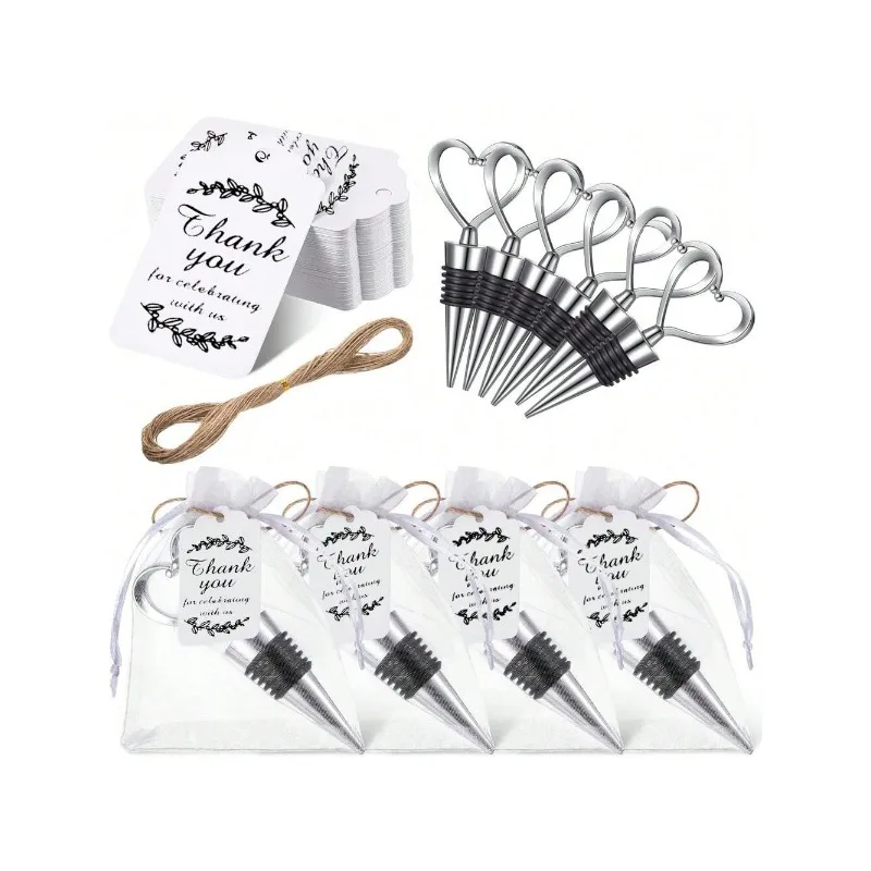 10 herzförmige Weinverschlüsse als Hochzeitsgeschenk, geeignet für Gäste, Edelstahl-Liebegetränk-Flaschenverschluss, mit 1 Etikett