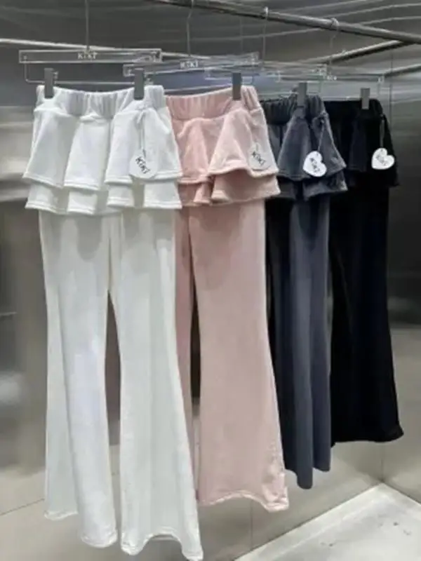 الكورية Sle سراويل تقليدية طبقة مزدوجة المخملية الدانتيل تقليم متوهج الساقين عالية الخصر السراويل الطويلة Personali لطيف وهمية قطعتين